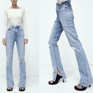 NWT Zara High Rise Split Hem Distressed Jeans Light Wash Straight Leg Sz 2